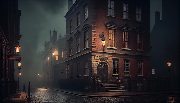 Victorian London on a moody evening with gas lights Al generated