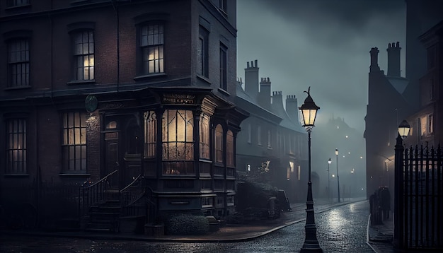 Victorian London on a moody evening with gas lights Al generated