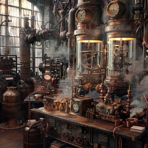 A Victorian period steampunk lab with frothing estimating glasses and beginning circles