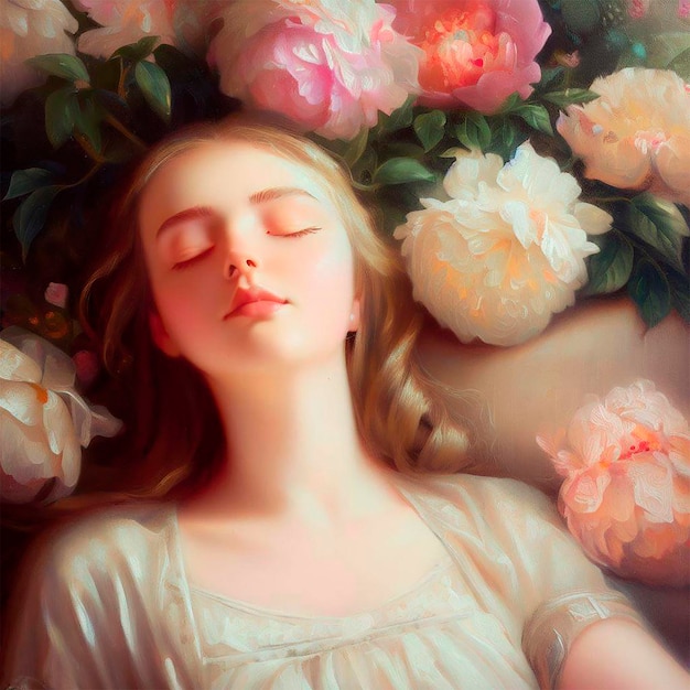 Victorian realist painting of a young woman lying among flowers with closed eyes