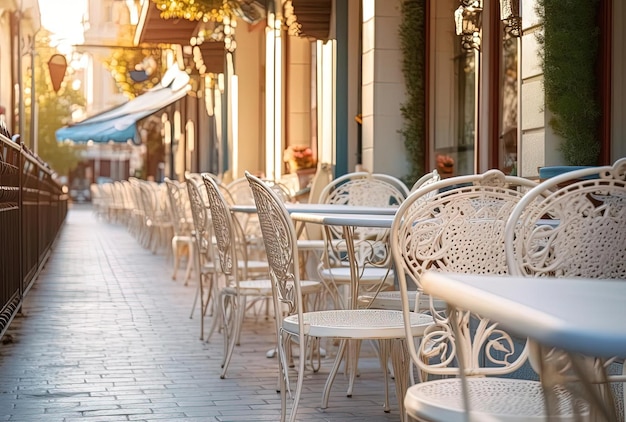 Victorian style white empty metal chairs and tables in outdoor cafe