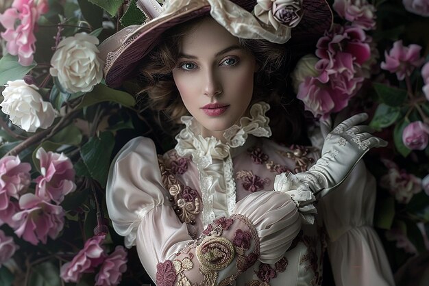 Victorian woman in elegant attire with flowers and gloves