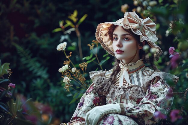 Victorian woman in garden wearing floral dress and bonnet