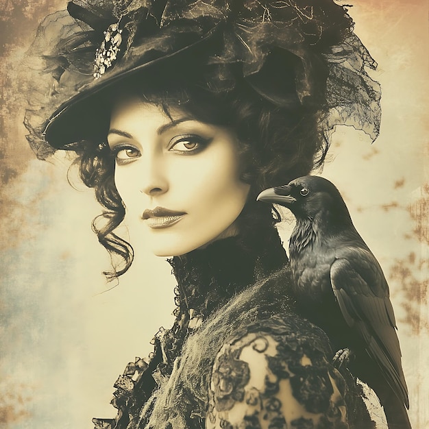 Photo victorian woman with a raven vintage portrait