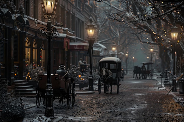 Victorianera street with gas lamps and horsedrawn