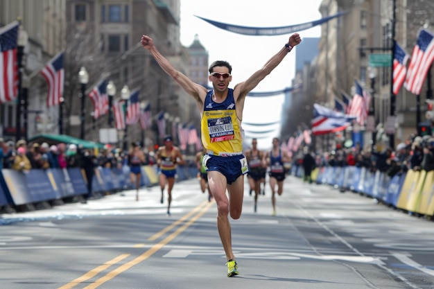 A victorious athlete celebrates as he crosses the finish line arms raised exuberantly