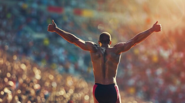 Photo victorious athlete celebrates with the crowd