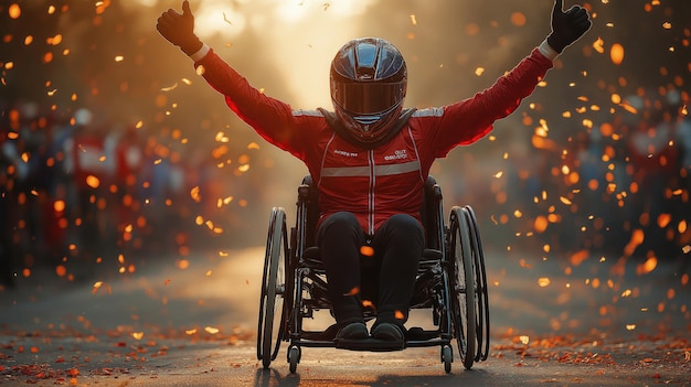 Photo a victorious paralympic athlete celebrates victory in a wheelchair