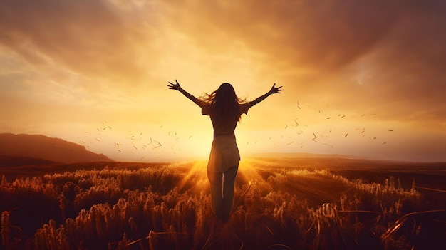 Victorious woman joyfully raising arms at dawn