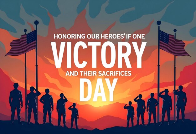 Photo victory day poster honoring heroes with silhouetted soldiers and flags