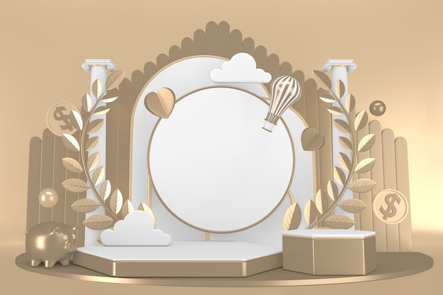 Victory  golden podium winner on white background minimal design. 3D rendering