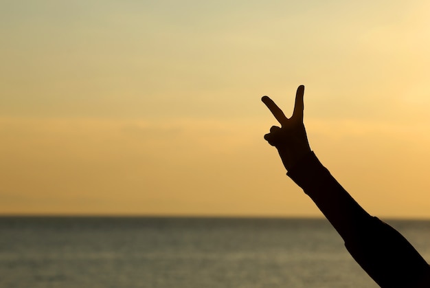 Victory sign with finger against sea