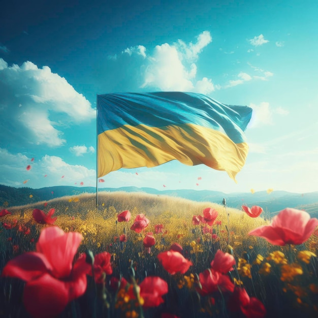 Victory Ukraine flag on blue sky ai generative