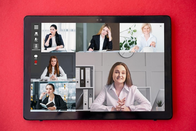 Video call business briefing female team on screen