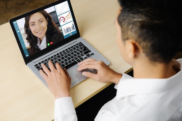 Video call business people meeting on virtual workplace or remote office