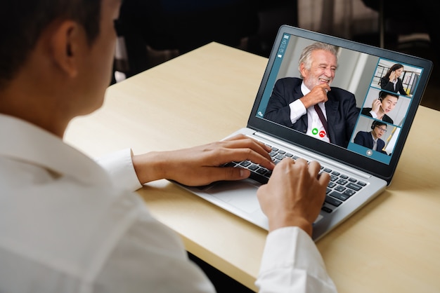 Video call business people meeting on virtual workplace or remote office