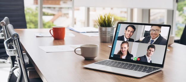 Video call business people meeting on virtual workplace or remote office