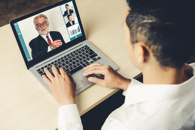 Video call business people meeting on virtual workplace or remote office