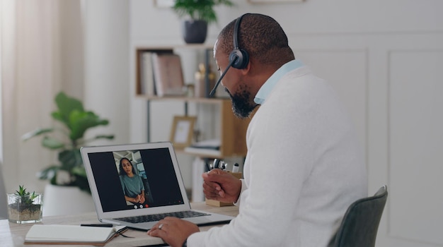 Video call work from home and business people with laptop screen for virtual meeting communication and collaboration at office desk Global employee or b2b clients talking in a webinar zoom call