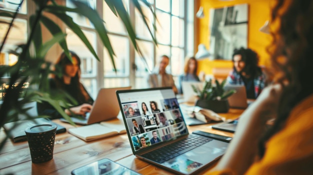 Photo video conference meeting on laptop with diverse team