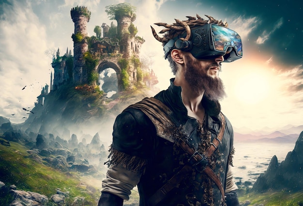 Video game character wearing a virtual reality headset in a fantasy landscape Online gaming Generative ai