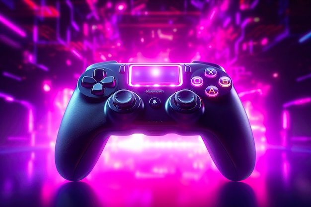 Video game controller with bright neon light streaks Computer gamer background 3D octane render Game concept ideas AI Generative