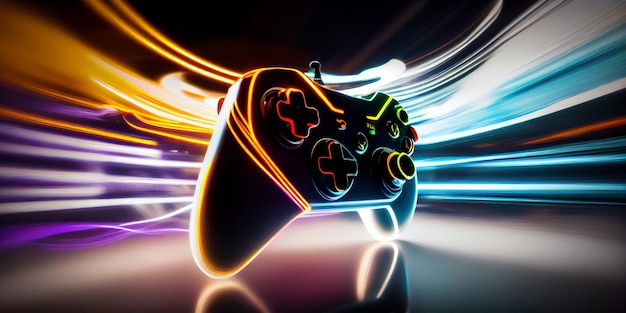 Video game controller with bright neon light streaks Computer gamer background Generative ai