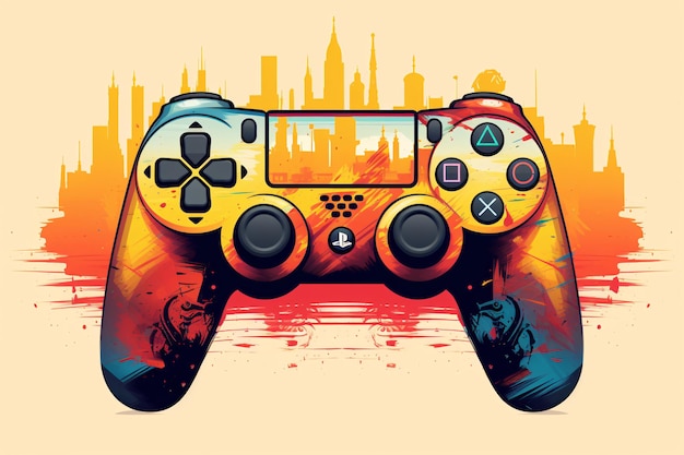 a video game controller with a city behind it