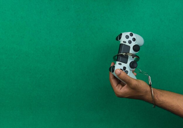 Video game joystick and handcuffs isolated Addiction to games concept image