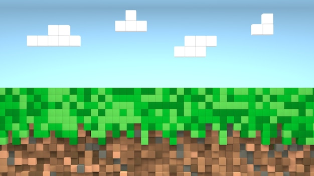 Video game pixel grass and blue sky background