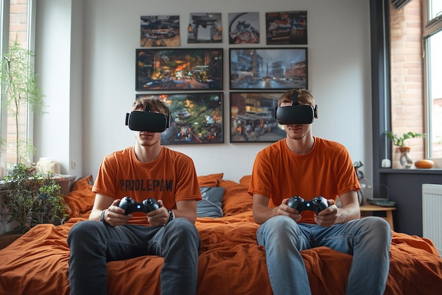 Photo video game playing friends wearing virtual reality glasses in their apartment