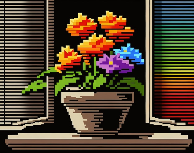 A video game screen shows a flower pot with the words tulips on it.