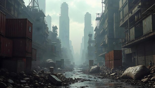 Photo video games background dystopian city slums with stacked containers scrap metal structures