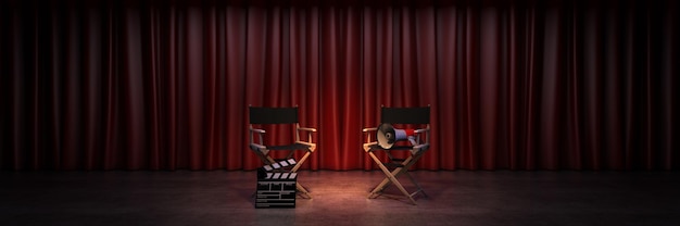 Video movie cinema concept Directors chair and movie clapper 3d rendering