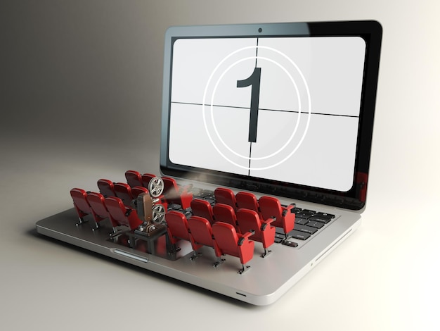 Video player application  or home cinema concept. Laptop and rows of cinema seats, 3d illustration