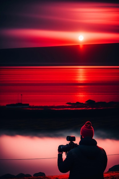 A videographer with a camera looks up at a red ominous sky