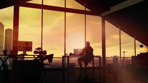 The videographer works at the computer against the background of a sunset