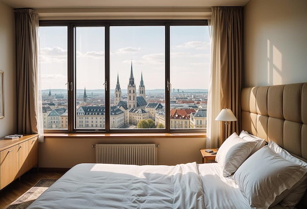 Vienna city view from travel hotel room bed window