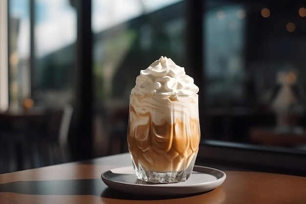 Vienna coffee in tall transparent glass on table