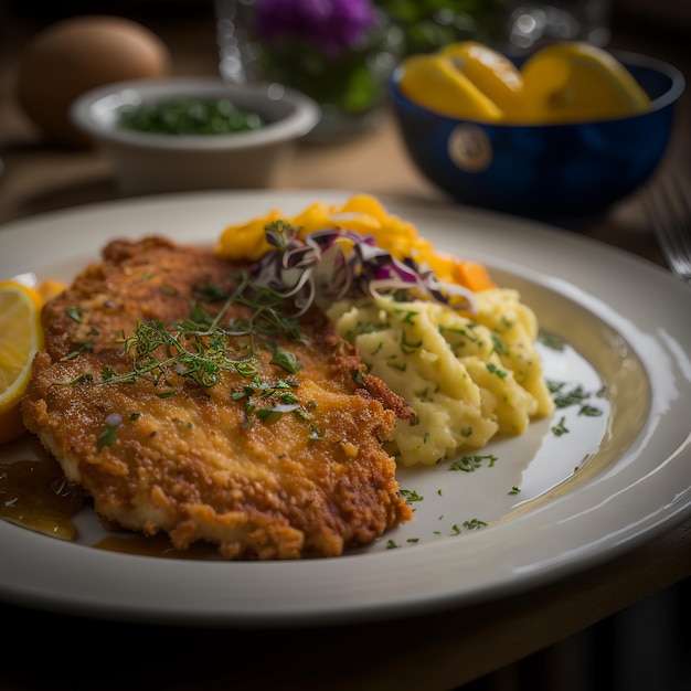 Viennese schnitzel, one slice of lemon, potato salad