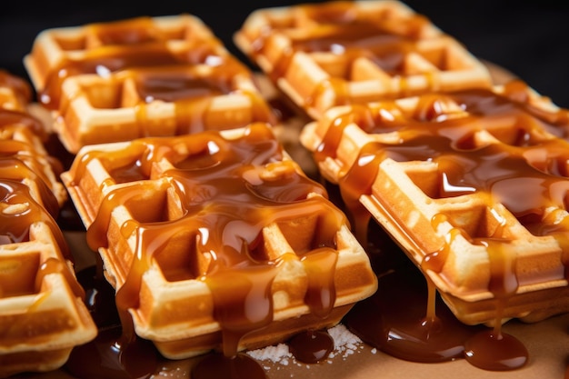 Viennese waffles with caramel syrup and honey