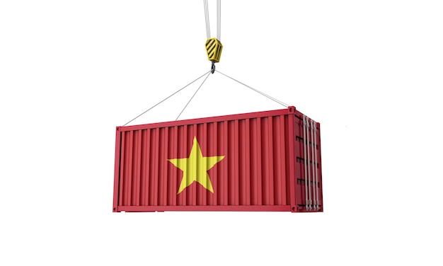 Vietnam flag cargo trade container hanging from a crane d render