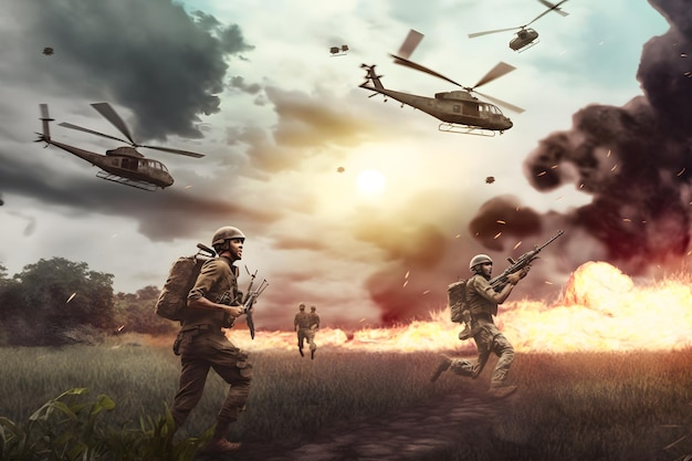 Vietnam war with helicopters and explosions Neural network AI generated