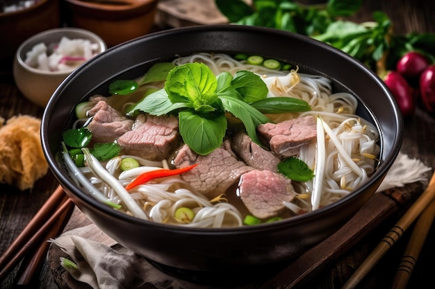 Vietnamese beef pho bo soup in bowl on table top with spring rolls and appetizers