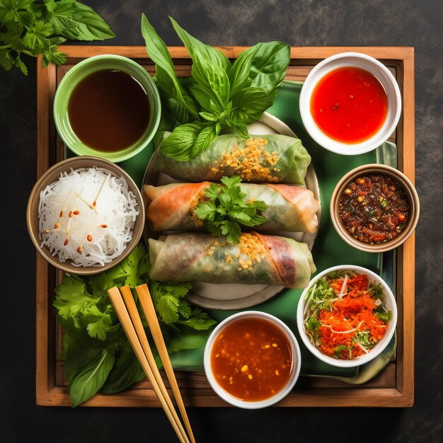 Photo vietnamese culinary overview pho and spring rolls in an inviting flat lay