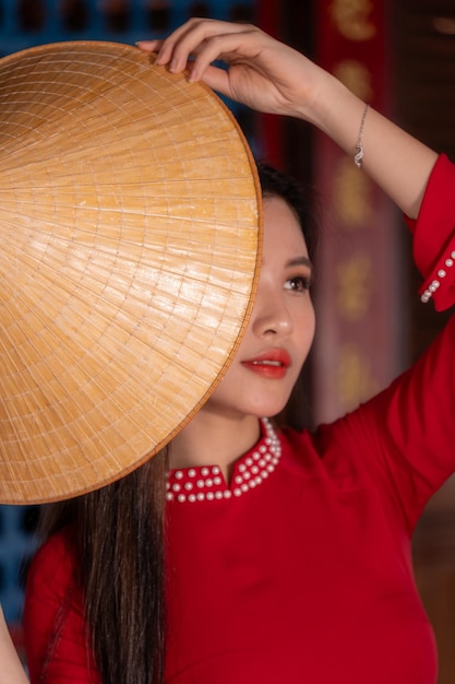 Vietnamese girl with Ao Dai dress standing in traditional house of Vietnam Text in photo mean best wishes to family happiness prosperity health Tet holiday and New Year