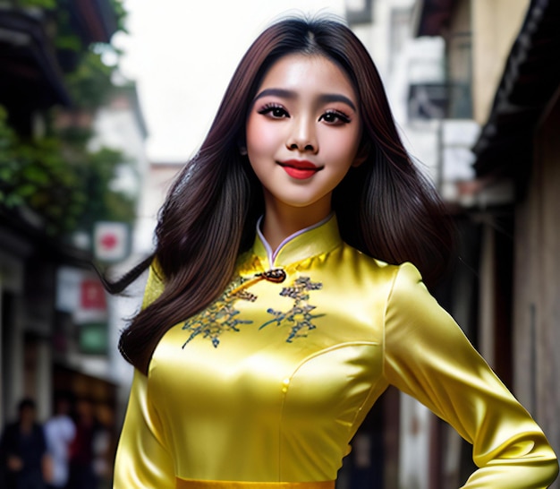 Vietnamese girl in yellow cheongsam dress in Ho Chi Minh city Vietnam