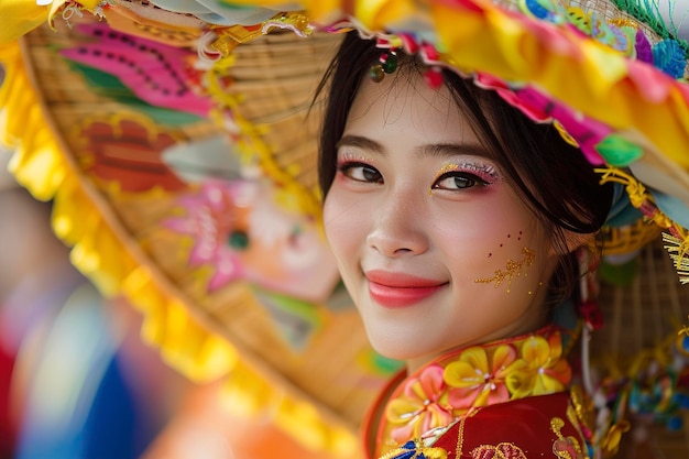 Vietnamese woman in traditional costume holding a colorful umbrella