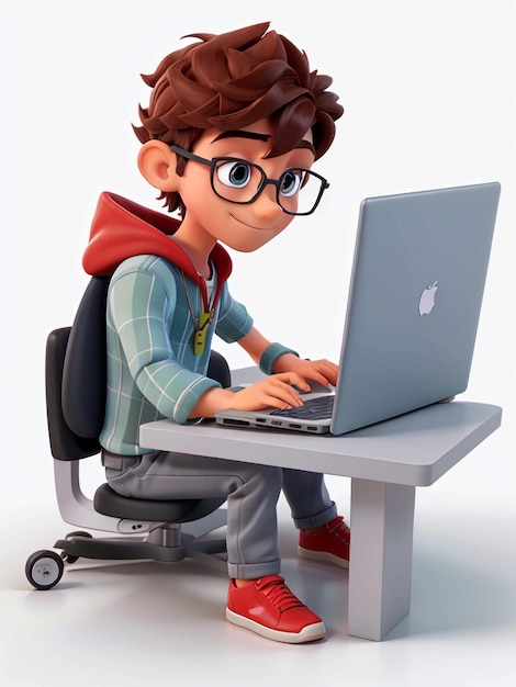 View of 3d boy using laptop