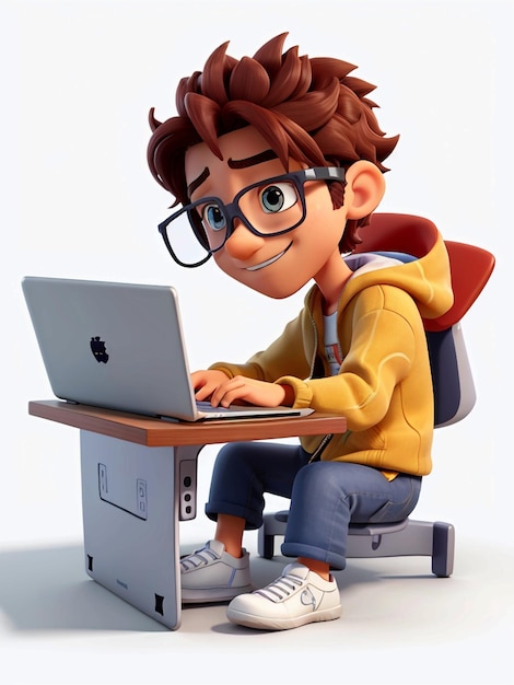 View of 3d boy using laptop